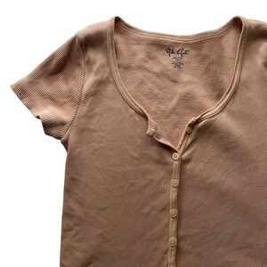 Brandy‎ Melville Ribbed Button Up Short Sleeve Top Light Pink One Size